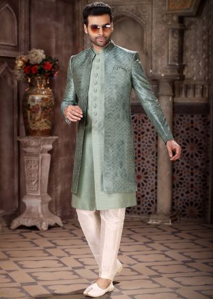 Green Embroidered Jacket Style Indo Western Sherwani