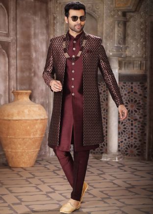 Maroon Woven Jacket Style Indo Western Sherwani