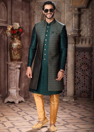 Teal Green Woven Jacket Style Indo Western Sherwani