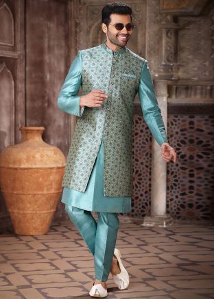 Blue Printed Jacket Style Indo Western Sherwani
