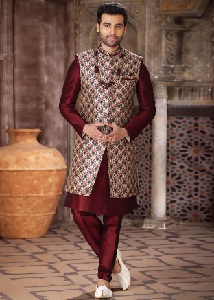 Wine Jacket Style Printed Indo Western Sherwani