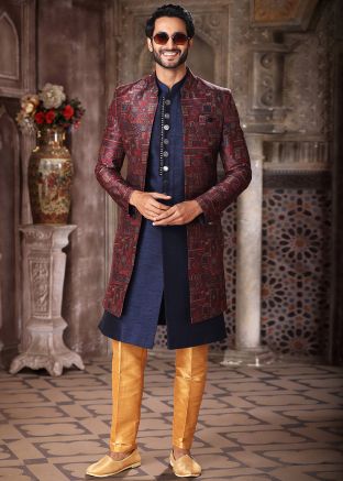 Blue Printed Jacket Style Mens Indo Western Sherwani