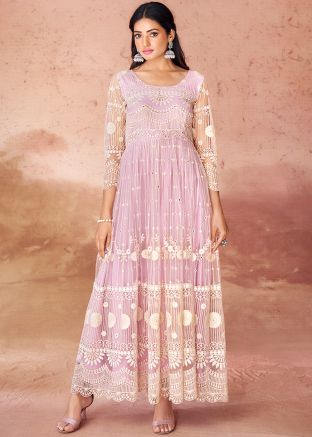 Purple Embroidered Readymade Long Kurta