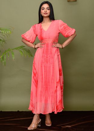 Peach Tie- Dye Print Readymade Dress In Chiffon