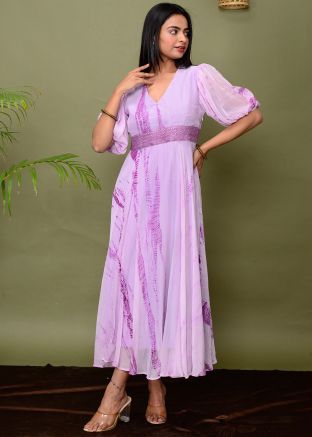 Tie- Dye Printed Chiffon Readymade Dress In Lavender