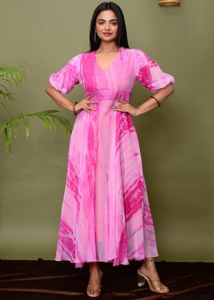 Pink Chiffon Readymade Dress In Tie- Dye Print