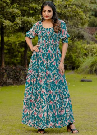 Blue Floral Print Dress In Georgette