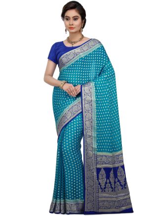 Buy Blue Woven Banarasi Pure Silk Sarees Online in USA