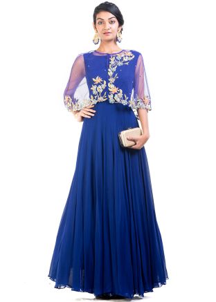 Blue Georgette Net Cape Style Gown 