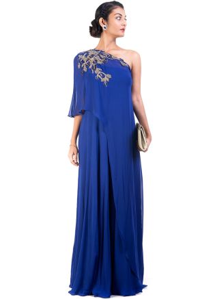 Blue One Shoulder Cape Style Asymmetric Gown