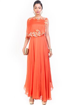 Orange Asymmetric Cape Style Gown