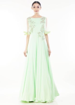 Indo Western dress: Pastel Green Cape Sleeves Georgette Gown