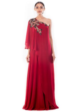 Maroon Layered One shoulder Dress