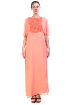 Peach Beaded Maxi Dress With Cape Sleeves