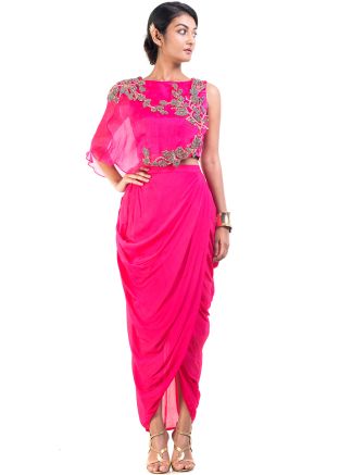 Fuchsia Pink Organza Cape With Draped Skirt