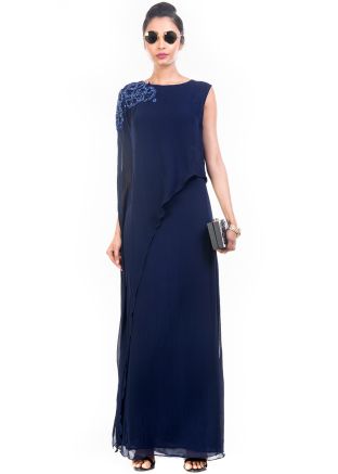 Navy Blue Asymmetric Cape Style Layered Gown