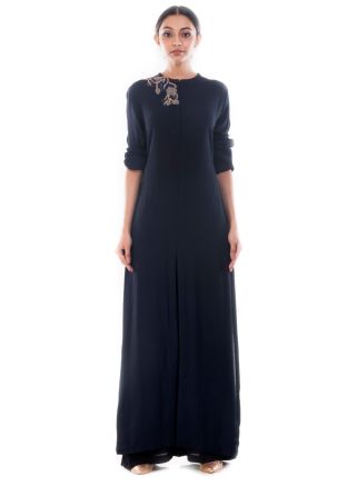 Dark Blue Crape Front Slit Long Dress