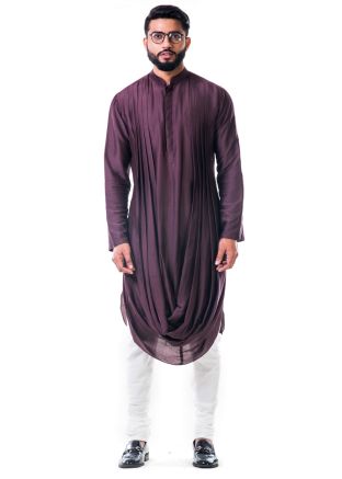 Dark Purple Cowl Style Silk Kurta Churidar Set