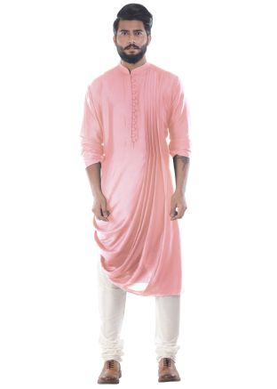 Light Pink Cowled Art Silk Kurta With Churidar