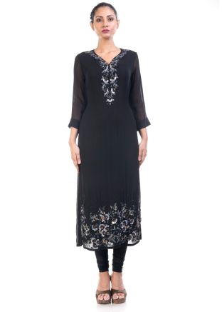 Black Embroidered Long Georgette Kurta