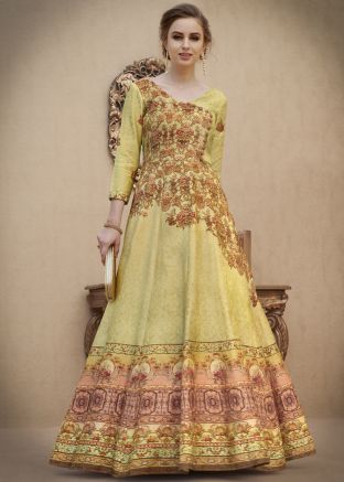 Indian Gowns: Buy Light Yellow Digital Printed Indo Western Gown for Wedding