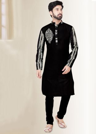 Black Embroidered Cotton Pathani Suit