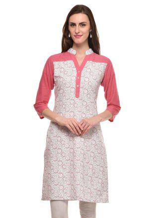 Readymade White & Peach Cotton Printed Kurti