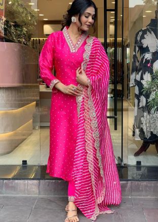 Pink Readymade Embroidered Chanderi Silk Pant Suit