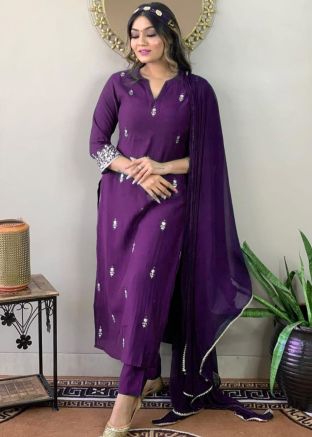 Purple Readymade Embroidered Pant Suit In Rayon