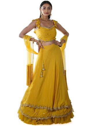 Yellow Mirror Embellished Ruffled Lehenga Choli