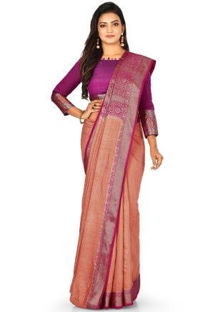 Peach Pure Banarasi Silk Woven Border Saree
