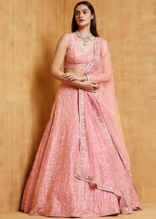 Pink Embroidered Satin Lehenga Choli