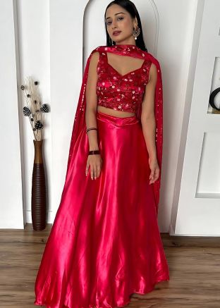 Pink Embroidered Lehenga Choli In Satin