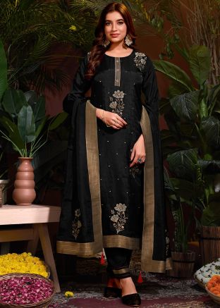 Readymade Viscose Embroidered Pant Suit In Black