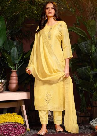 Yellow Readymade Viscose Embroidered Pant Suit Set
