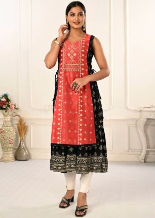 Black & Orange Printed Twin Layered Kurta