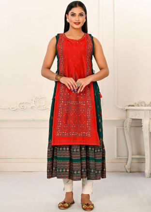 Teal Green & Red Printed Twin Layered Cotton Kurta