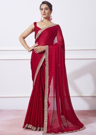 Red Embroidered Border Chiffon Saree