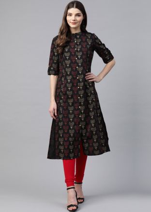 Black Straight Cut Readymade Cotton Kurta