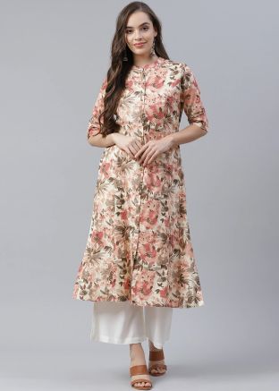 Cream Floral Printed Readymade Cotton Kurta