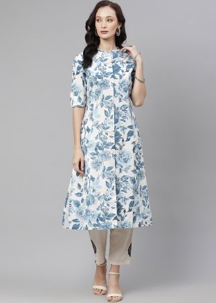 White Floral Printed Readymade Cotton Kurta