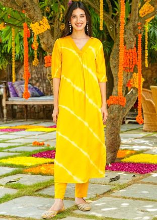 Yellow Print Readymade Kurta Set In Cotton
