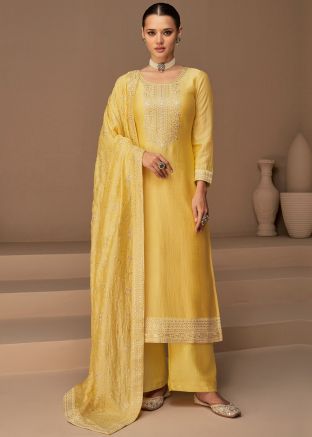 Yellow Art Silk Embroidered Palazzo Suit Set