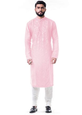 Pastel Pink Aari Embroidered Silk Kurta Set