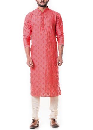 Pink Cotton Silk Hand Embroidered Kurta Set