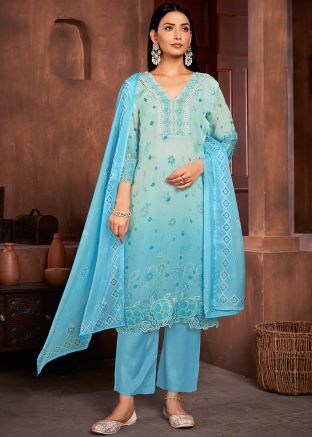 Readymade Shaded Blue Digital Print Pant Suit Set