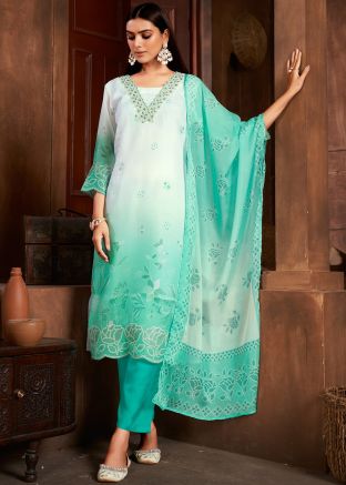 Shaded Green Readymade Digital Print Pant Suit