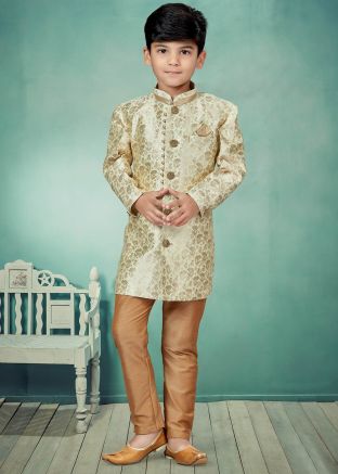 Cream Readymade Woven Kids Sherwani Set