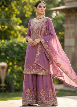 Purple Chiffon Palazzo Suit With Zari Embroidery