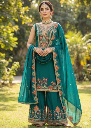 Teal Blue Chiffon Palazzo Suit With Thread Work